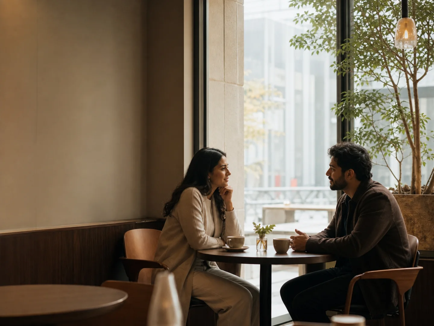 Two adults having a thoughtful conversation in a public Toronto cafe